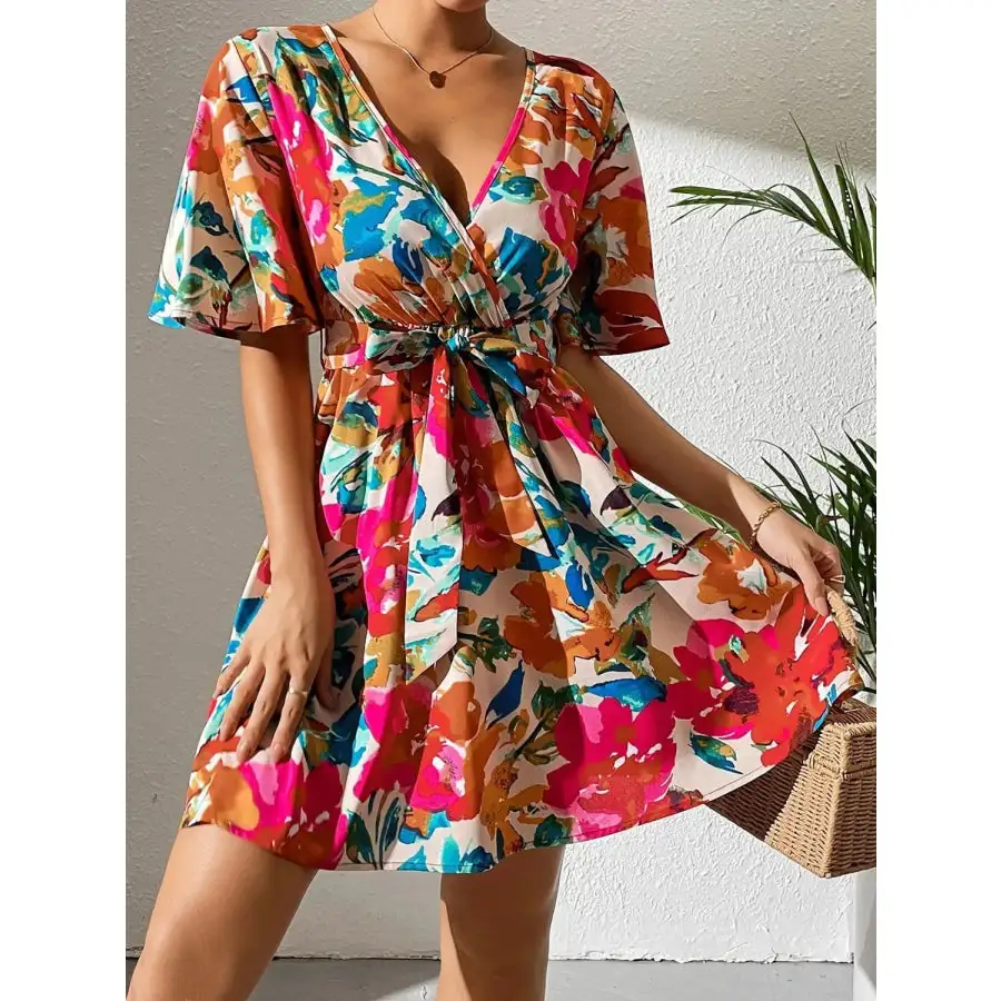 Surplice Short Sleeve Mini Dress