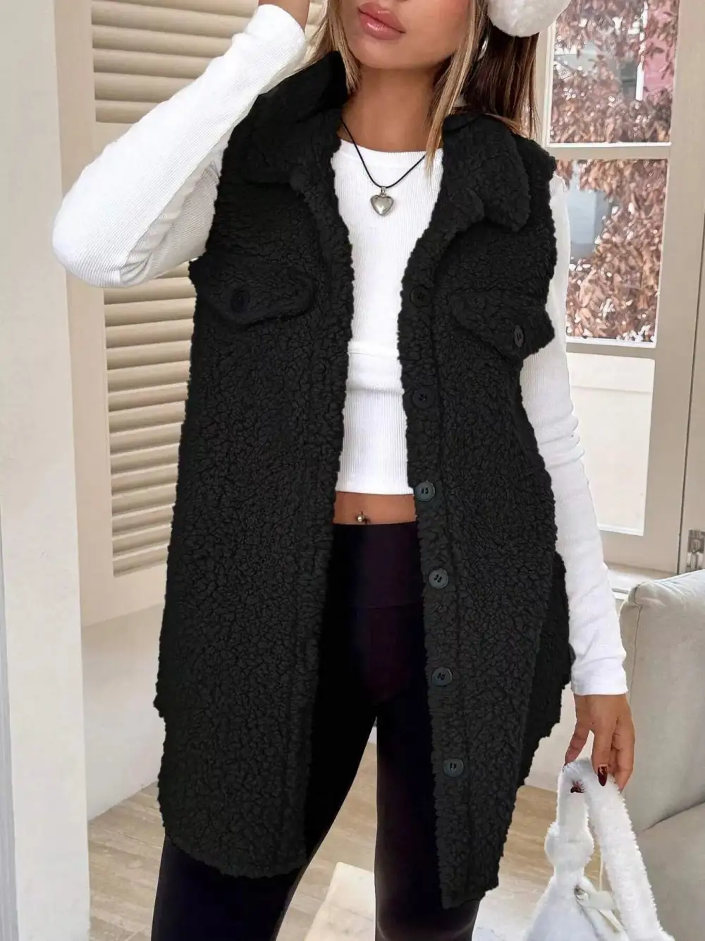 Button Down Sherpa Fleece Vest Coat