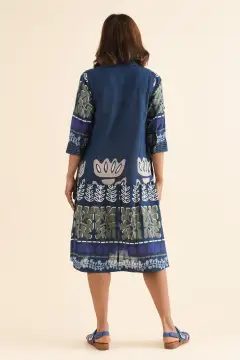 Knee-Length Floral Cotton Tiered Button-Front Pocket Collared Dress