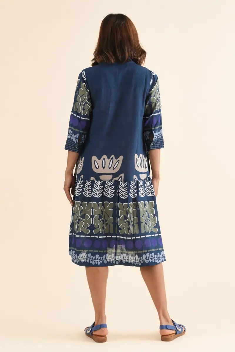 Knee-Length Floral Cotton Tiered Button-Front Pocket Collared Dress