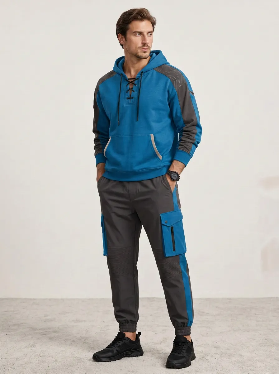 Daily Lace-Up Multi Pocket Essential Men's Lace Up Hoodie And Cargo Jogger Set