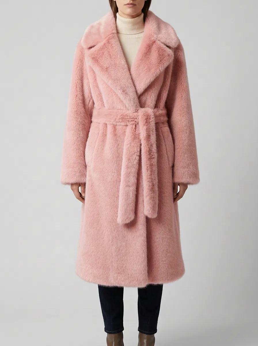 Neutral Faux Fur Belted Coat
