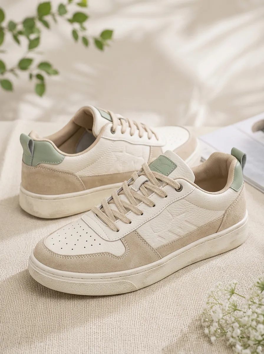 Men's Beige Sage Green Colorblock Suede Leather Casual Sneakers