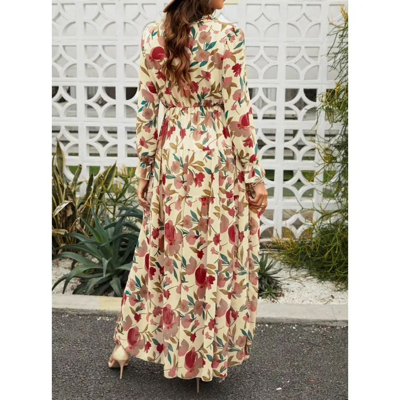Floral Frill Trim Flounce Sleeve Plunge Maxi Dress