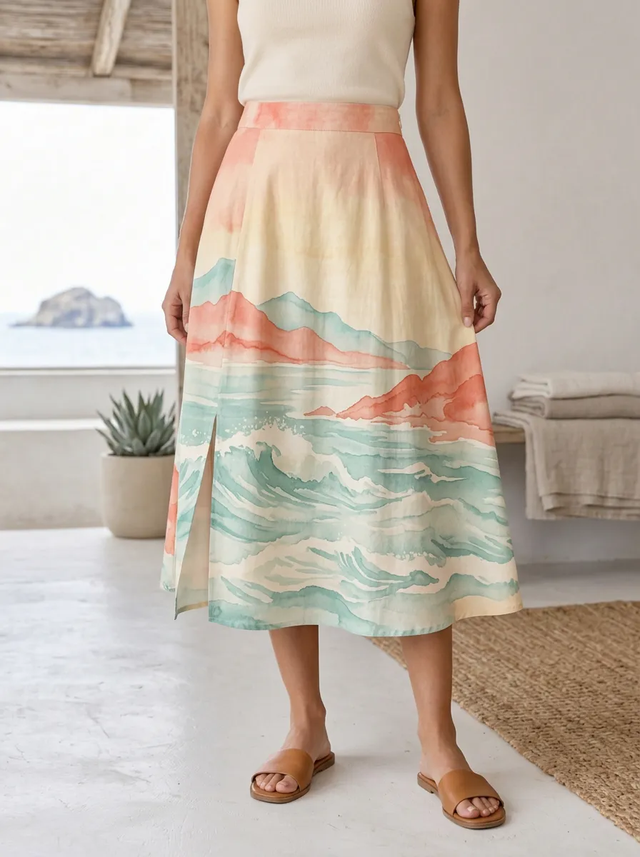 Women's Beach Lover Ocean Mountain Watercolor Printed Skirt