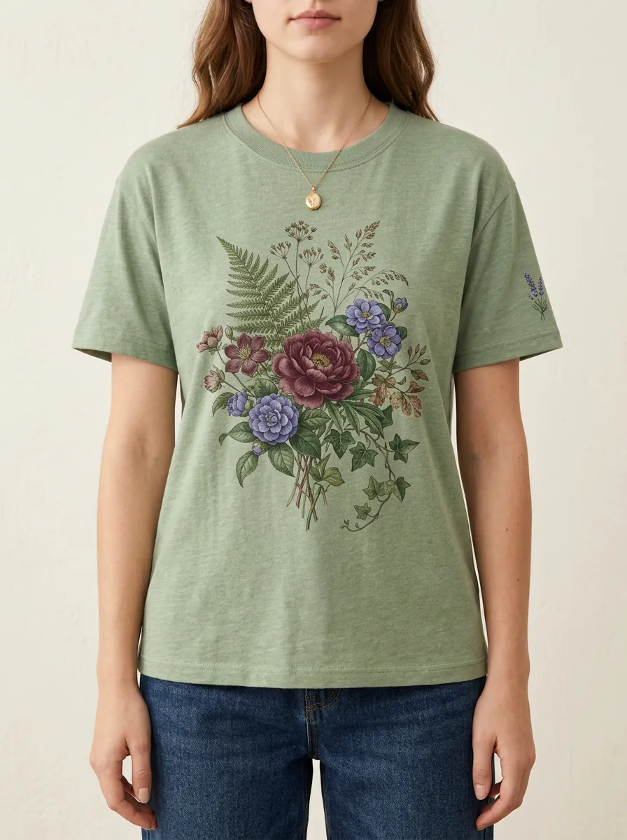 Women's Botanical Garden Floral Bouquet Printed T-shirt