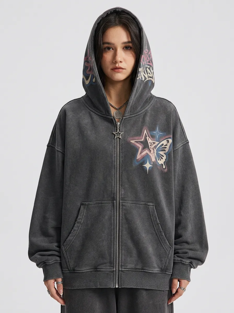 Unisex Streetwear Butterfly Star Printed Zip-up Hoodie