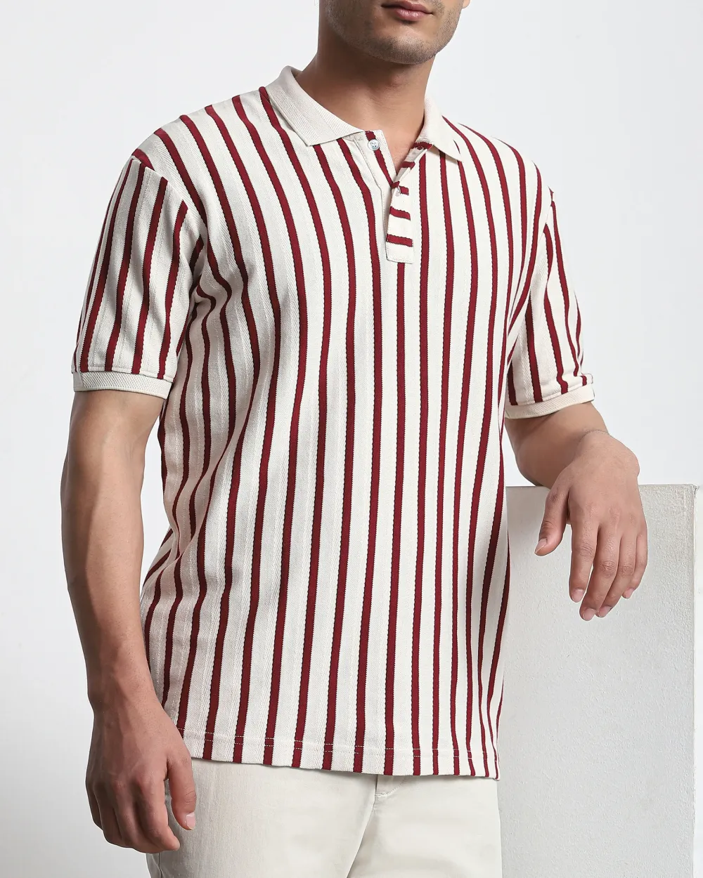 Maroon Striped Textured  Polo Shirt