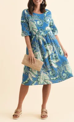 Knee-Length Paisley Cotton Blend Gathered Pocket Round-Neck Half-Sleeve Dress