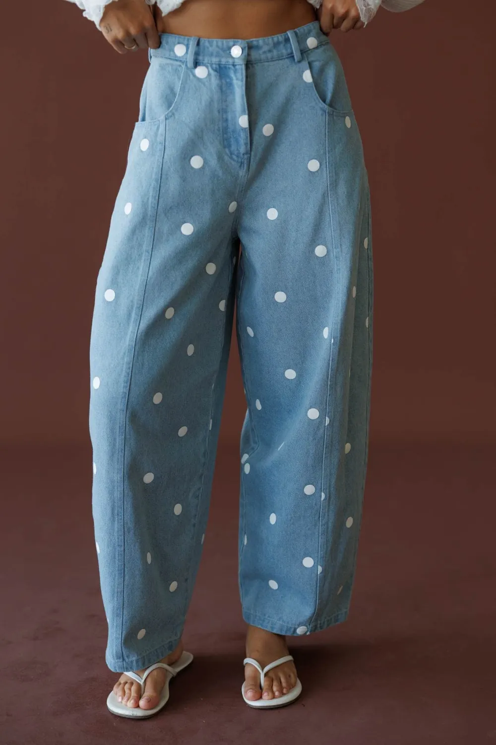 Denim Mid-Rise Polka-Dot Pants