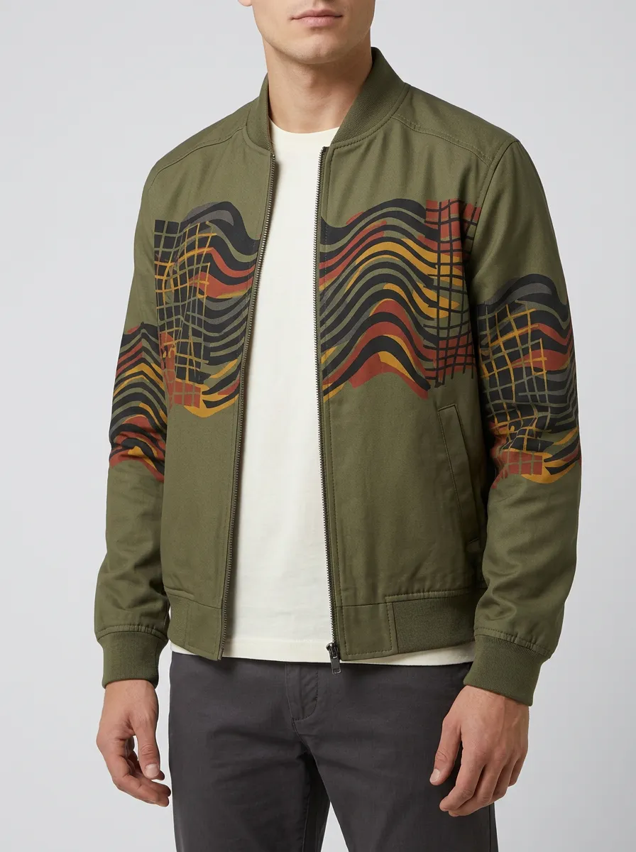 Grid Print Cuffed Sleeves Bomber Jacket