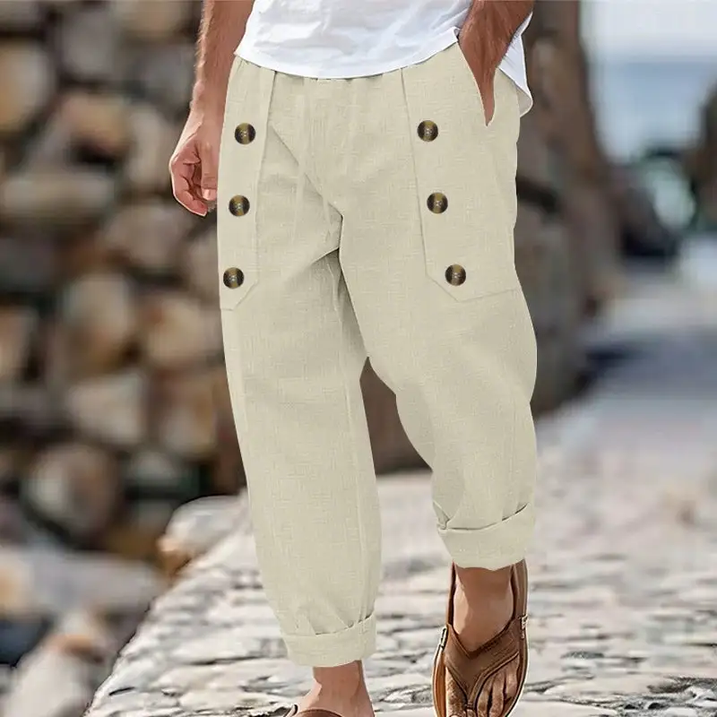 Button Detail Linen-Blend Cropped Pants