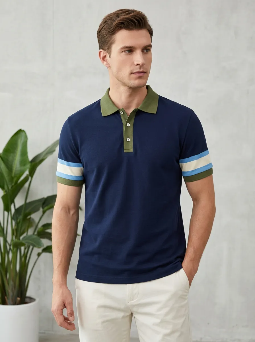 Men's Casual Colorblock Striped Sleeve Contrast Collar Polo Shirt