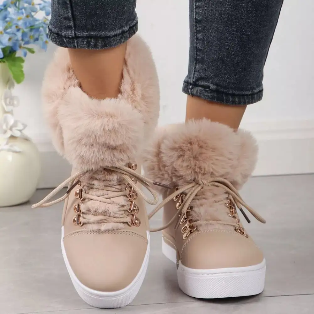 Refined Fuzzy Trim Lace-Up Ankle Boots