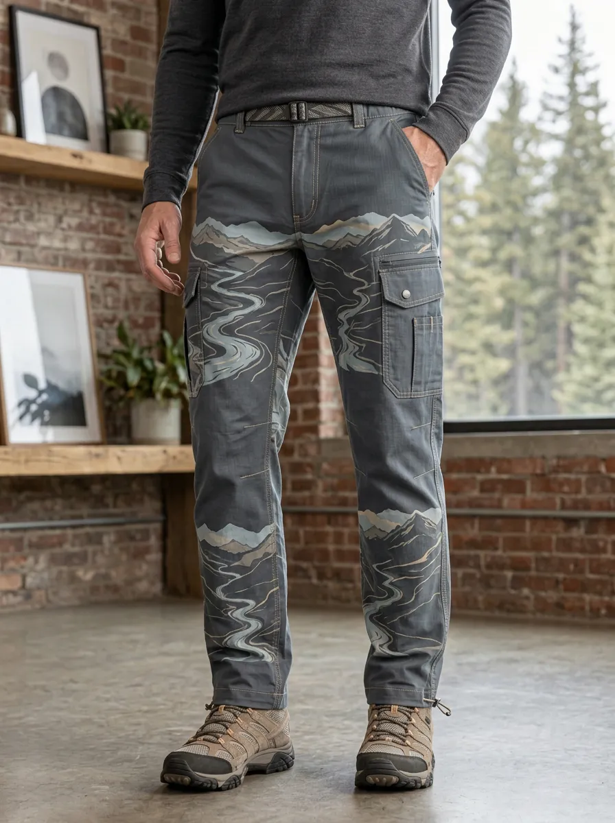 Men's Outdoor Hiking Lover Mountain River Printed Cargo Pants