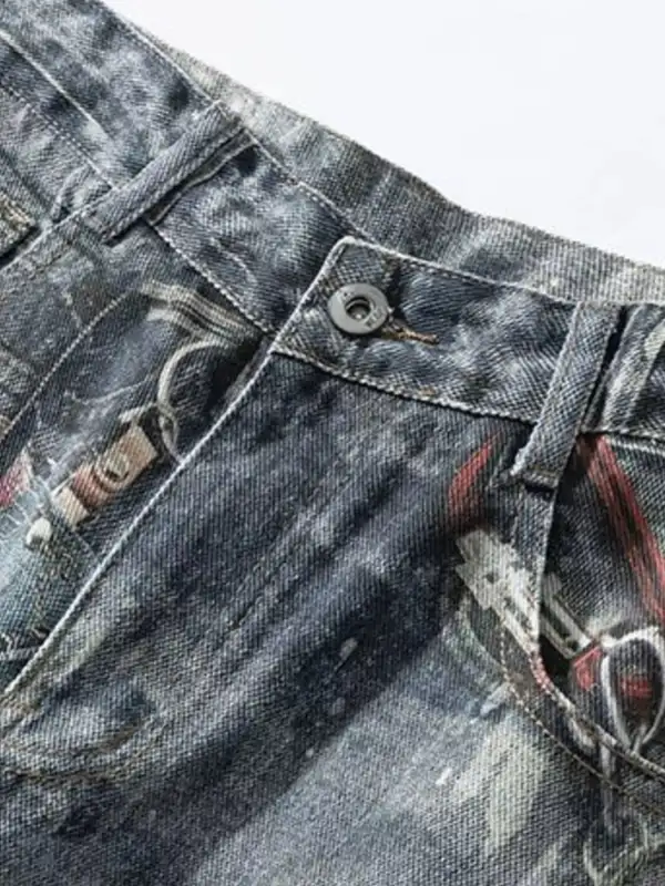 Chain Print Vintage Inspired Washed Denim Shorts