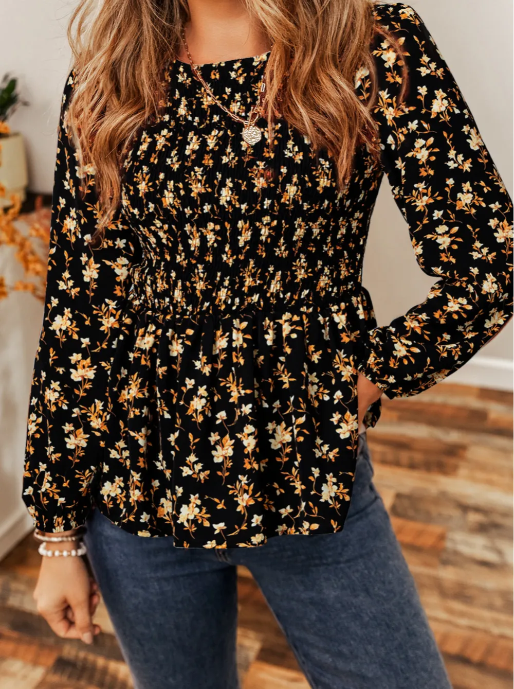 Softly Styled Floral Ruffled Smocked Blouse