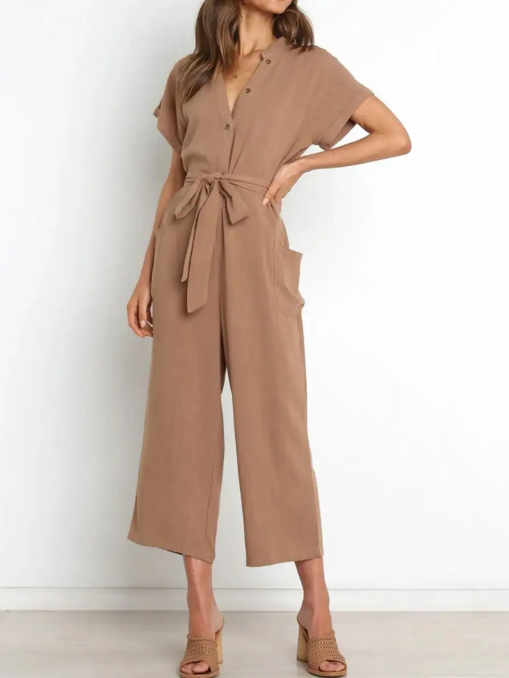Notched Short Sleeve Tie Waist Jumpsuit Shorts
