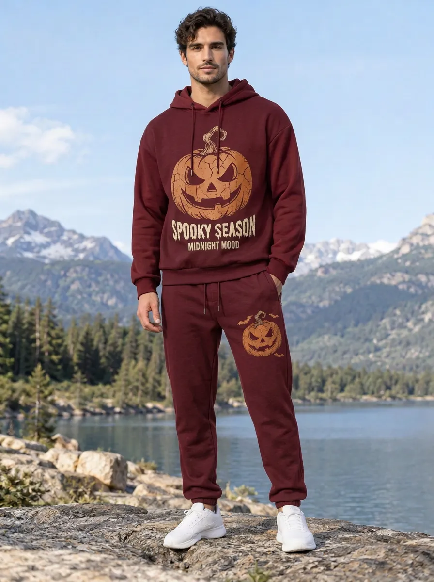Men's Halloween Charcoal Rust Spooky Season Pumpkin Contrast-Hood Hoodie Jogger Set