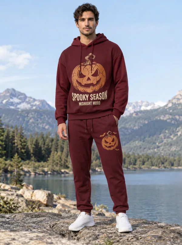 Men's Halloween Charcoal Rust Spooky Season Pumpkin Contrast-Hood Hoodie Jogger Set