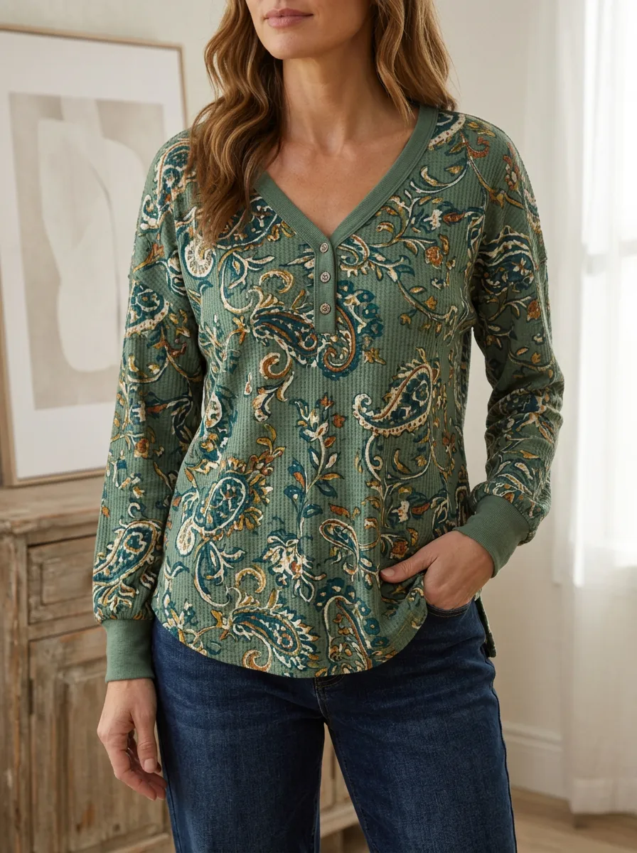 Women's Vintage Paisley Floral Printed Waffle Knit Henley Shirt