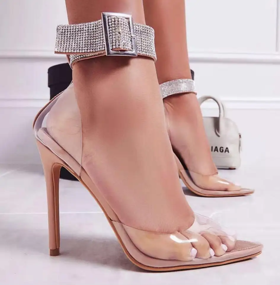 Buckle Strap Stiletto Heel Rhinestone Transparent Detail Shoes