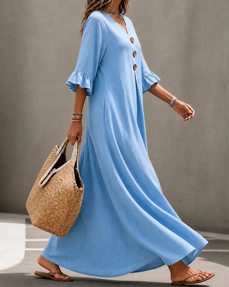 Effortless Boho V-Neck Ruffle Sleeve Maxi Dress