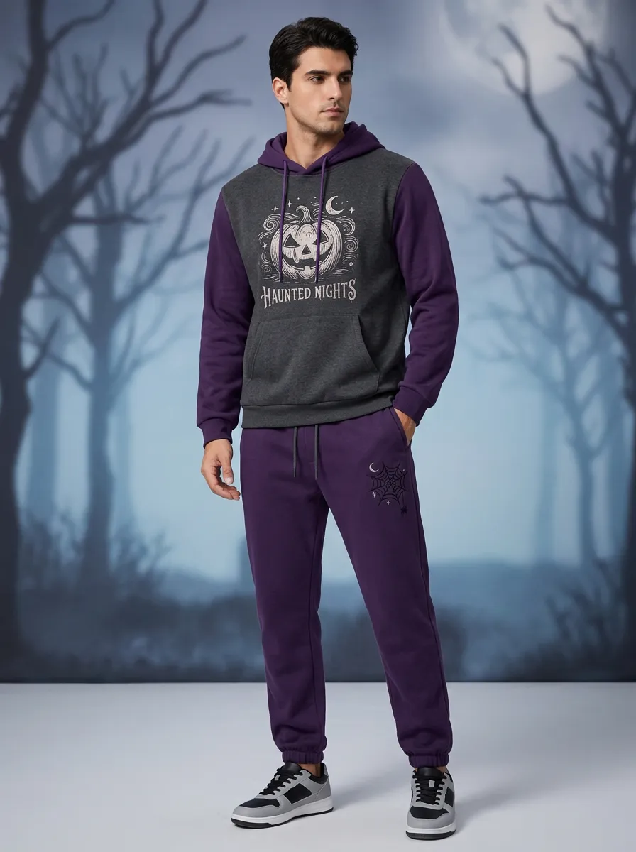 Men's Halloween Haunted Nights Pumpkin Spider Web Printed Tracksuit