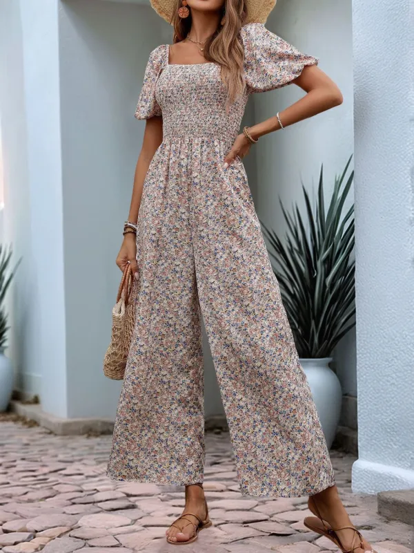 Ditsy Smocked Square Neck Puff Sleeve Jumpsuit