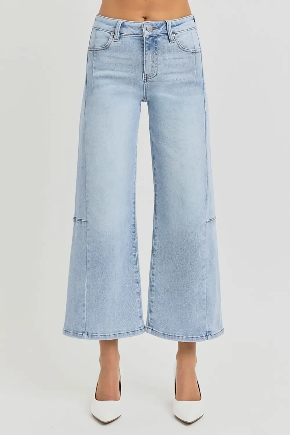 High Rise Seamed Detail Wide Leg Denim Jeans