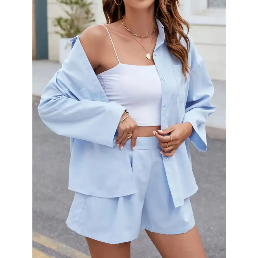 Relaxed Button Up Long Sleeve Top and Shorts Set