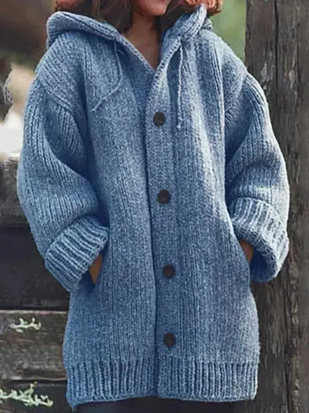 Button Down Hooded Knitted Cardigan Plus Size Knit coat For Women