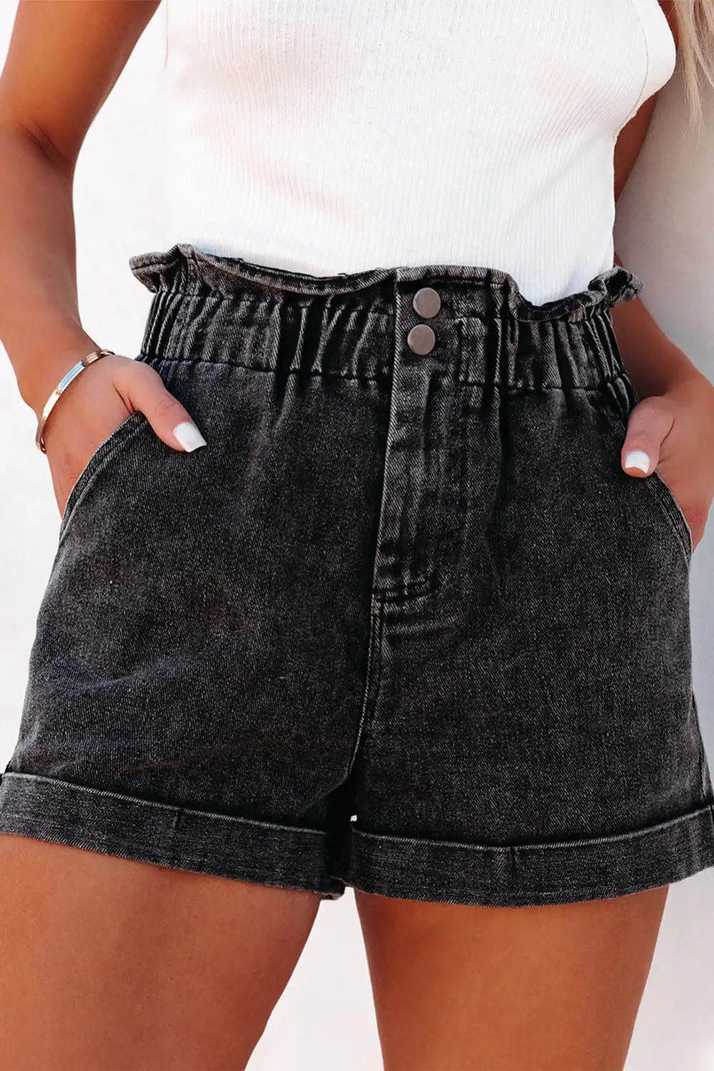 Black Vintage Washed Frilled High Waist