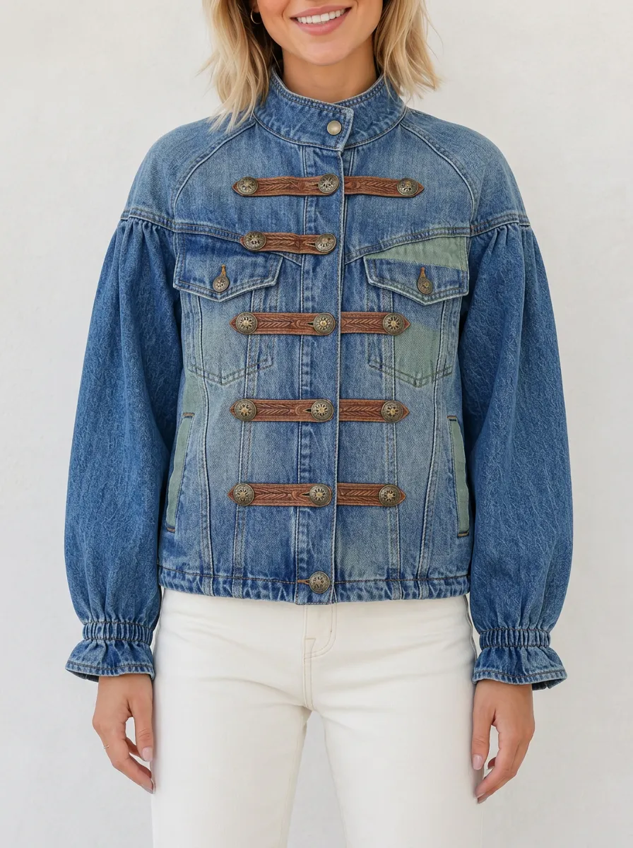 Women's Vintage Military Style Leather Trimmed Denim Jacket