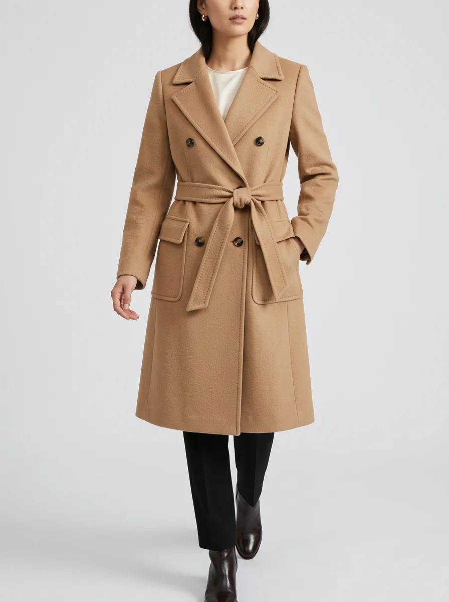 Women's Marin Camel Double-Breasted Belted Wool Blend Trench Coat