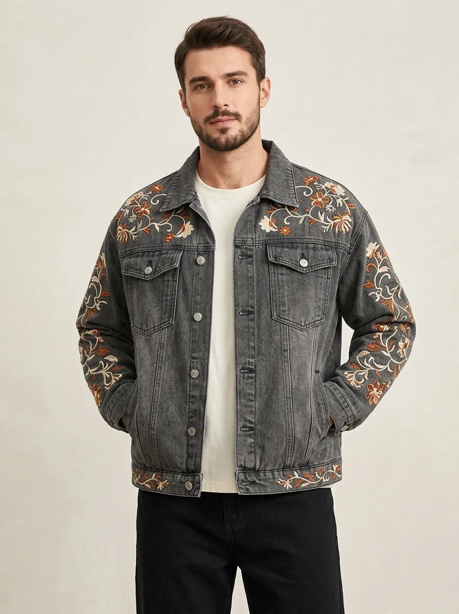 Men's Retro Style Floral Vintage Inspired Denim Jacket