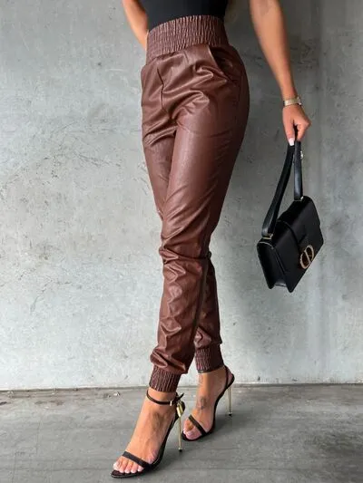 Smocked High Waist Pants With Pocket