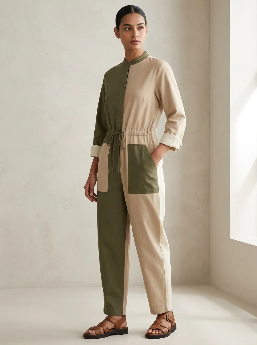 Women's Casual Style Olive Beige Colorblock Cotton Jumpsuit