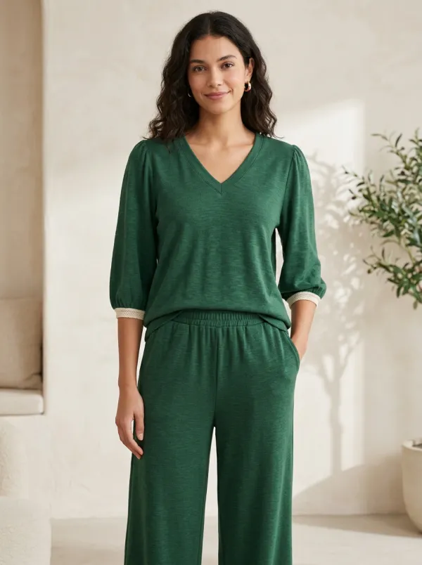 Short-Sleeve Trimmed Puff-Sleeve Women's V-Neck Casual Lounge Set