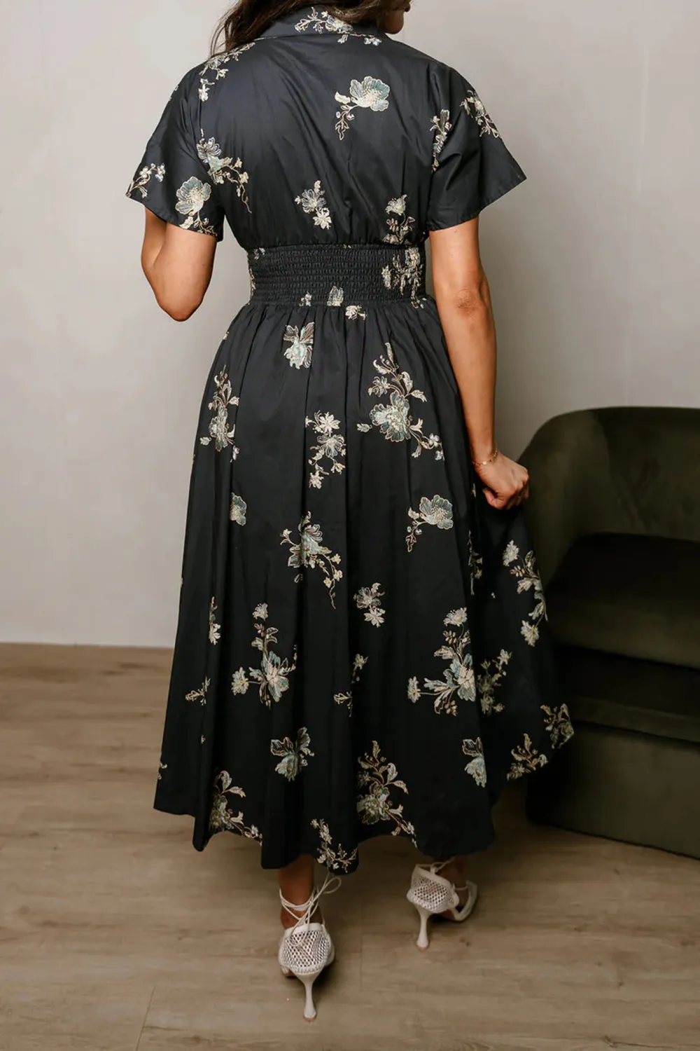 Smocked Zip Up Floral Dress