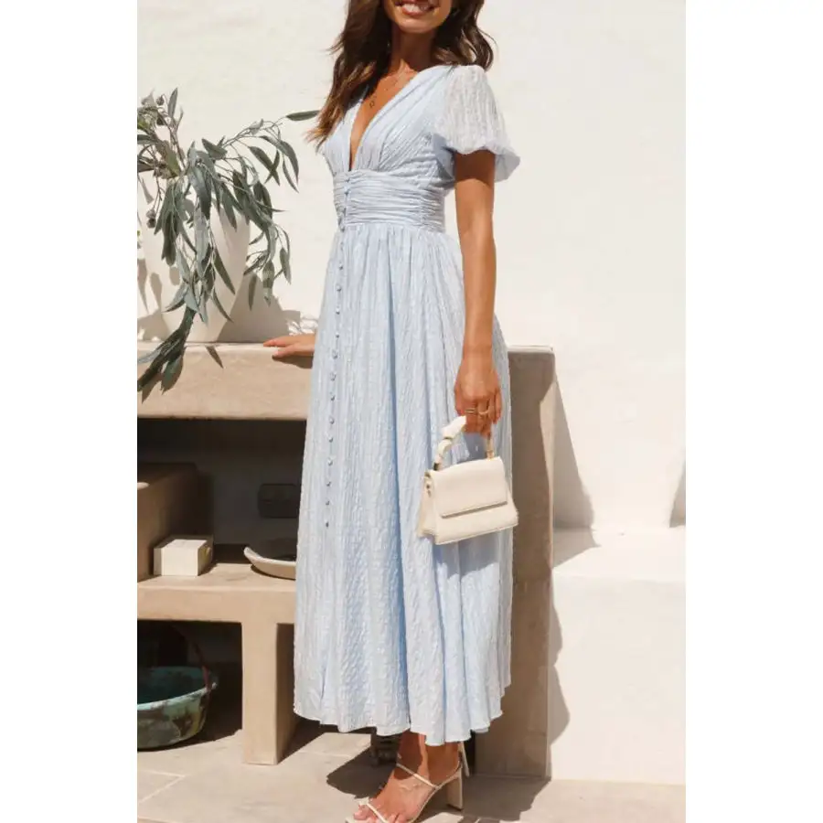 V-Neck Puff Short Sleeve Midi Dress