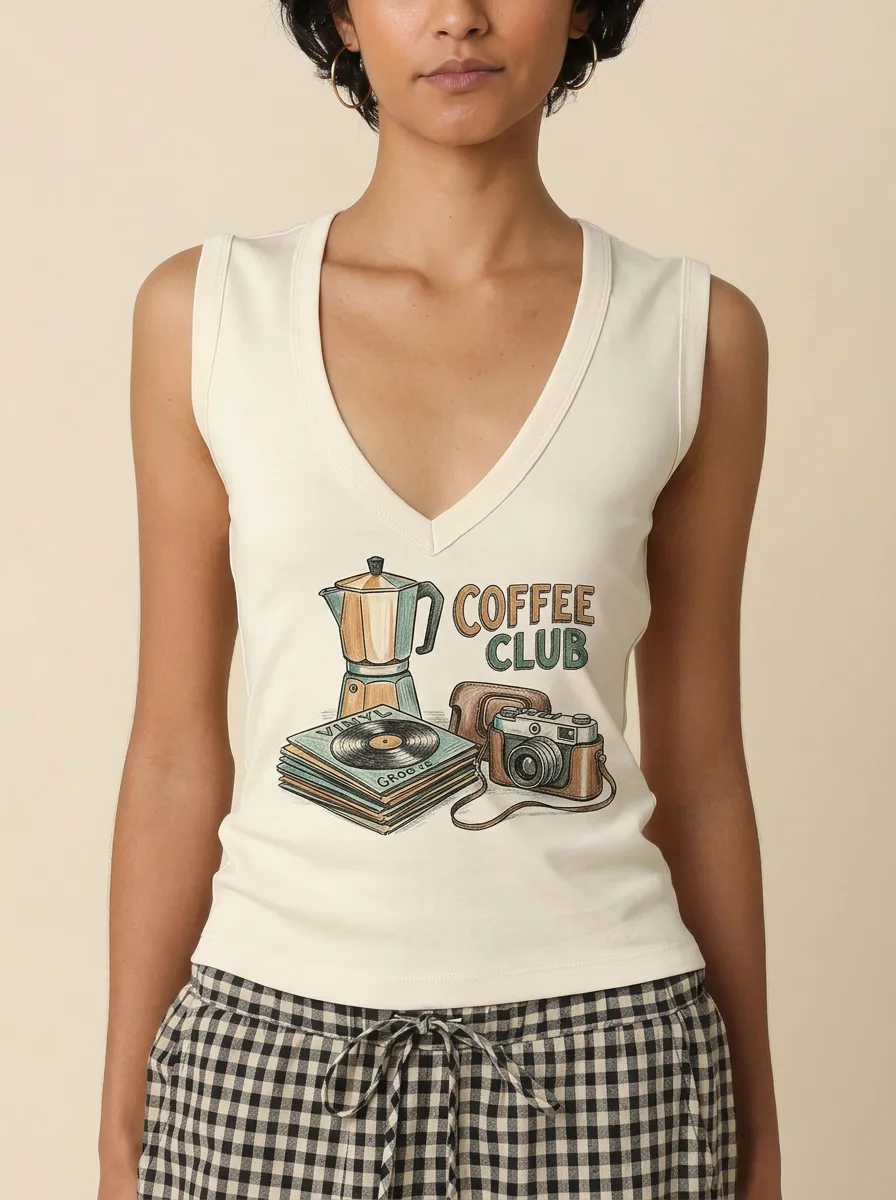 Women's Coffee Club Vinyl Camera Printed V-neck Tank Top