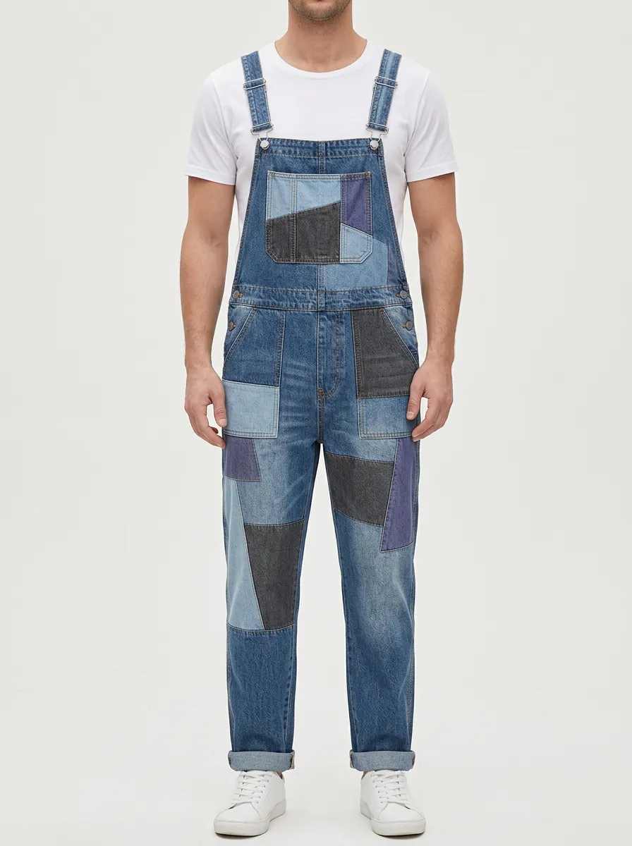 Patchwork Denim Side Button Overalls