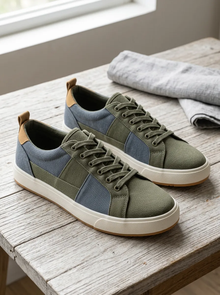 Men's Olive Green and Blue Colorblock Canvas Sneakers