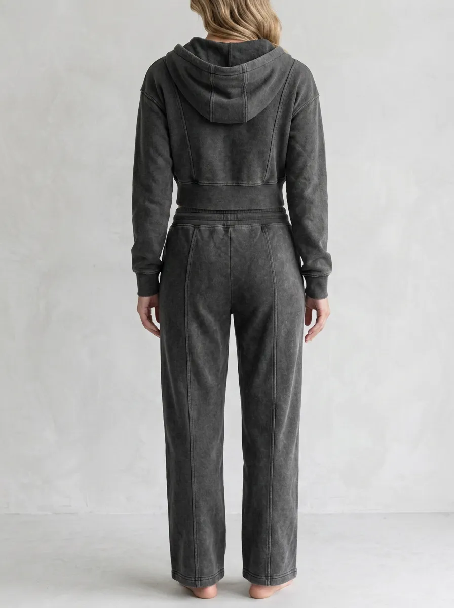 Vintage-Wash Jogger Women's Cropped Zip-Up Hoodie Jogger Active Set