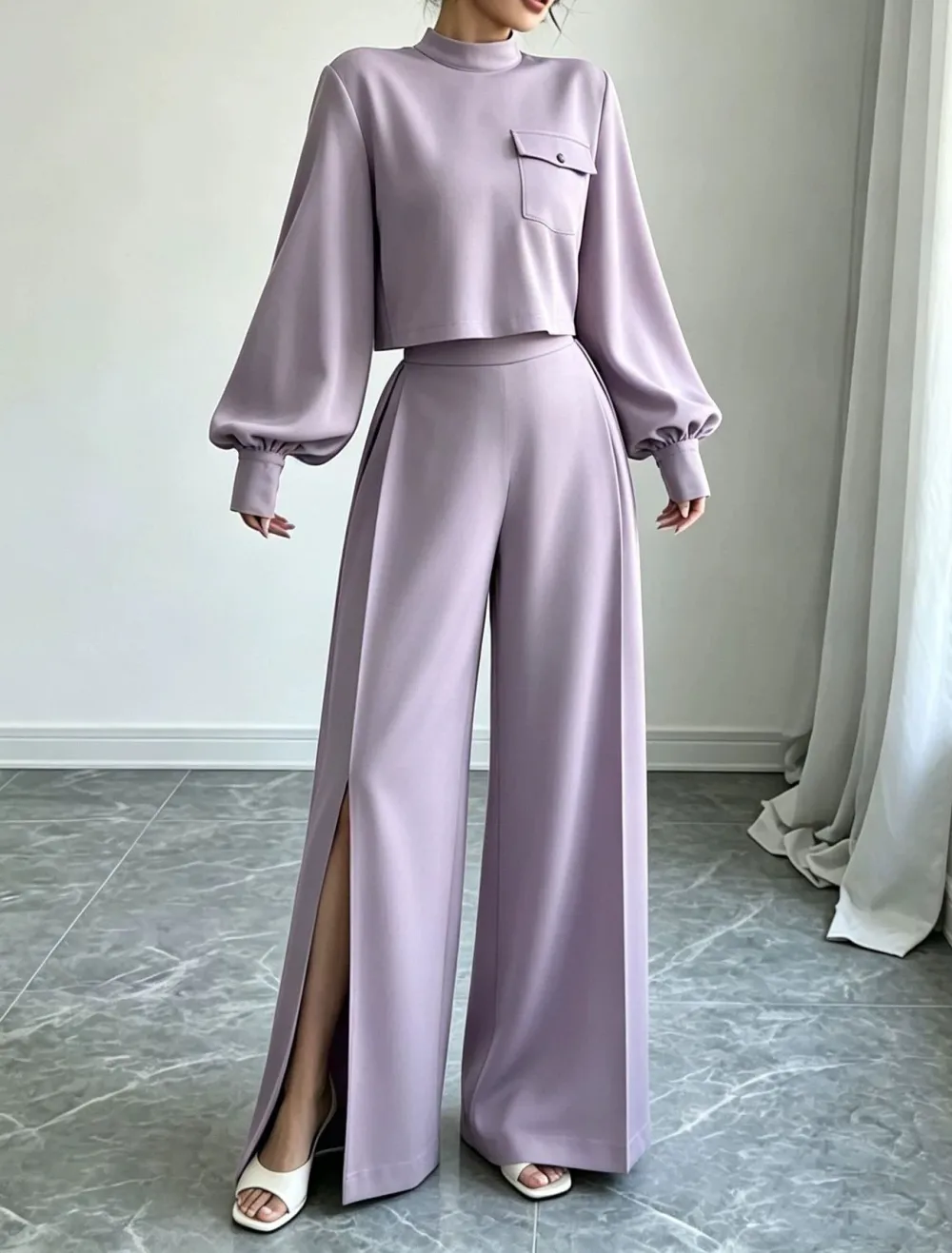 Wide-Leg Long-Sleeve Knit Women's Matching Set