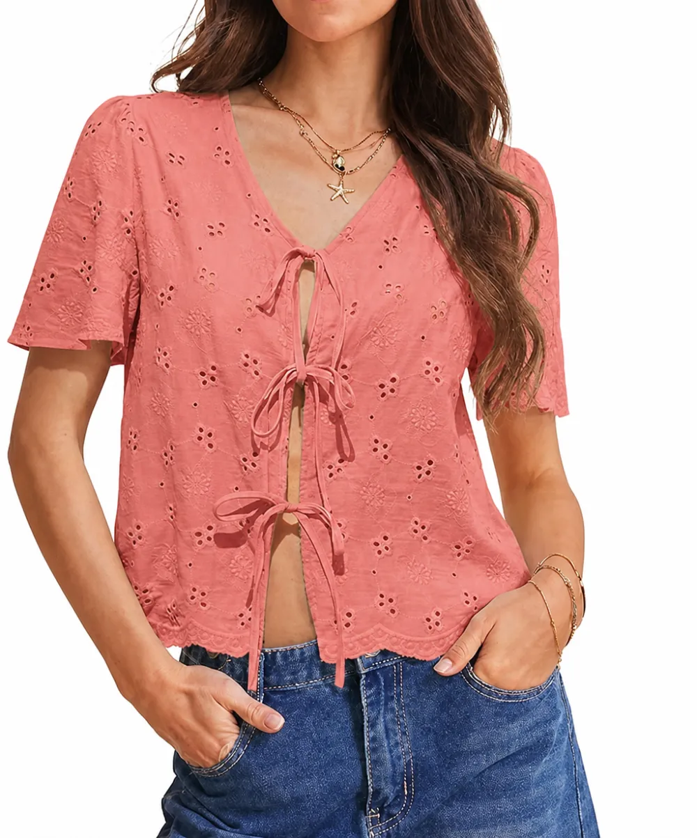 Women's Eyelet Embroidered Tie-Front Blouse