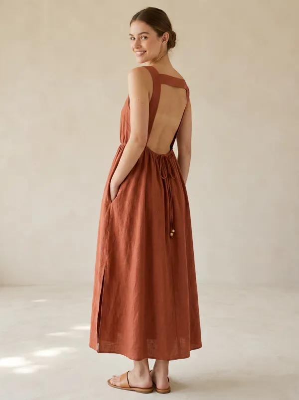 Women's Boho Linen Maxi Backless Dress