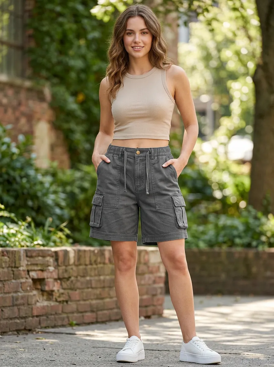Women's Casual Streetwear Grey Elastic Waist Cargo Shorts