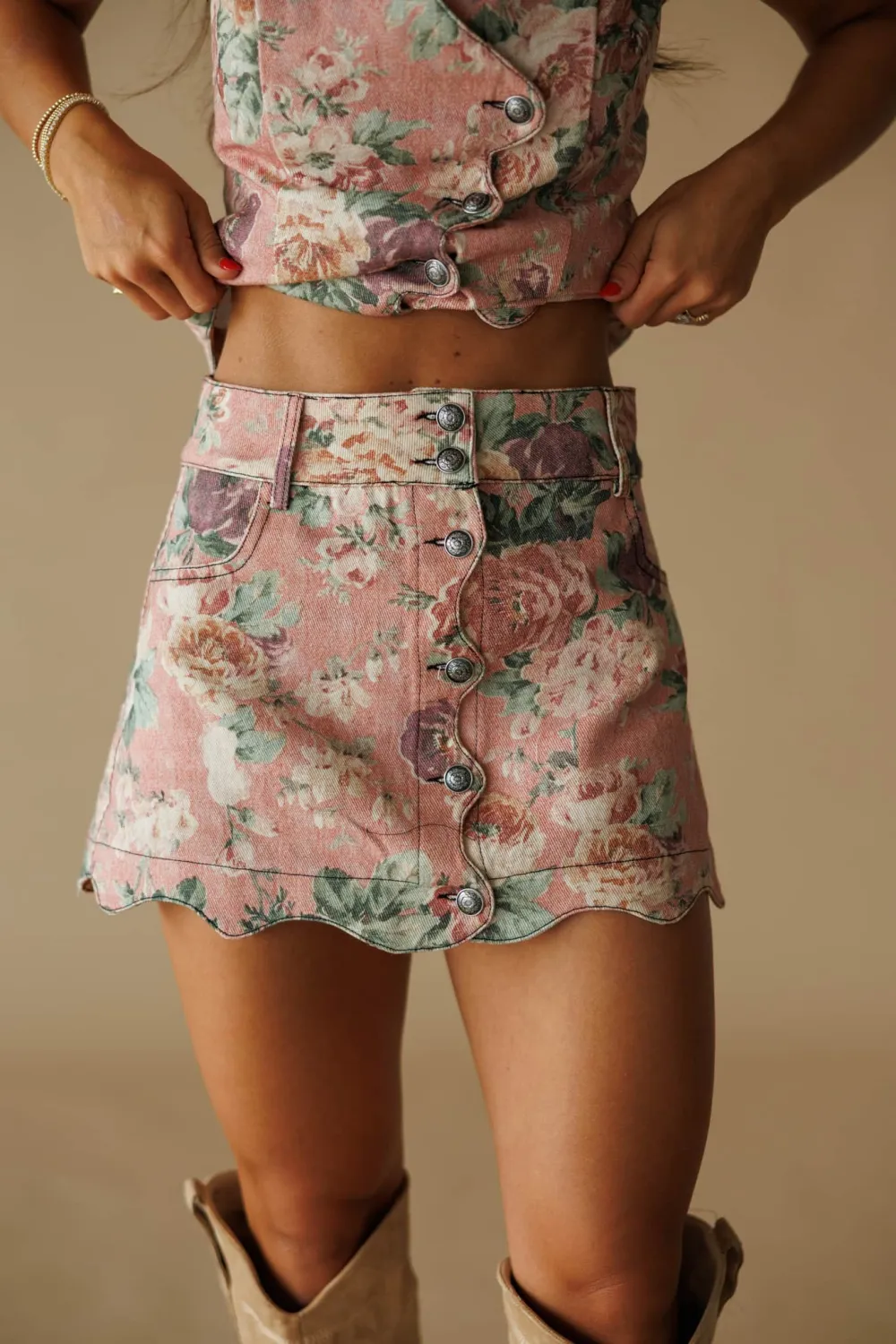 Denim Floral Scalloped Skirt